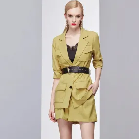 Aimee Yellow Belted Blazer & Mini Shorts Set