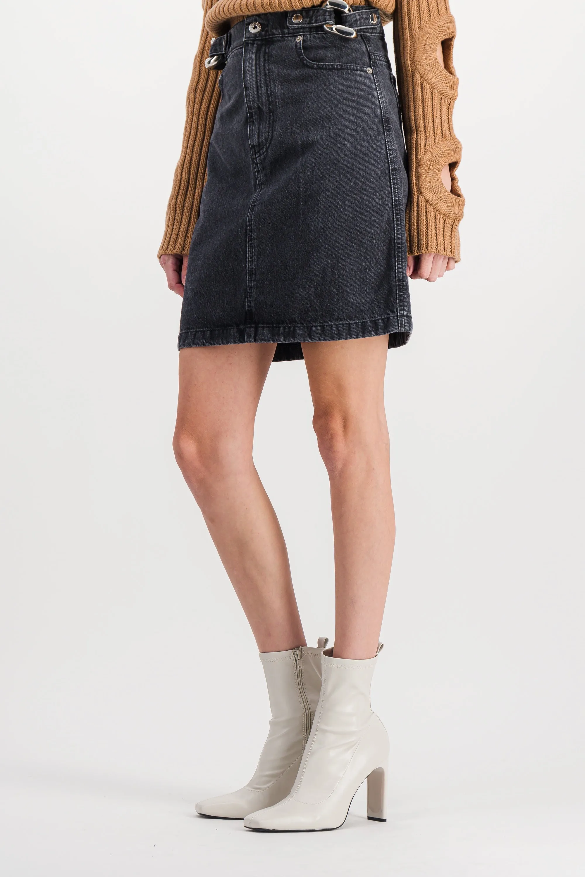Chain link denim mini skirt