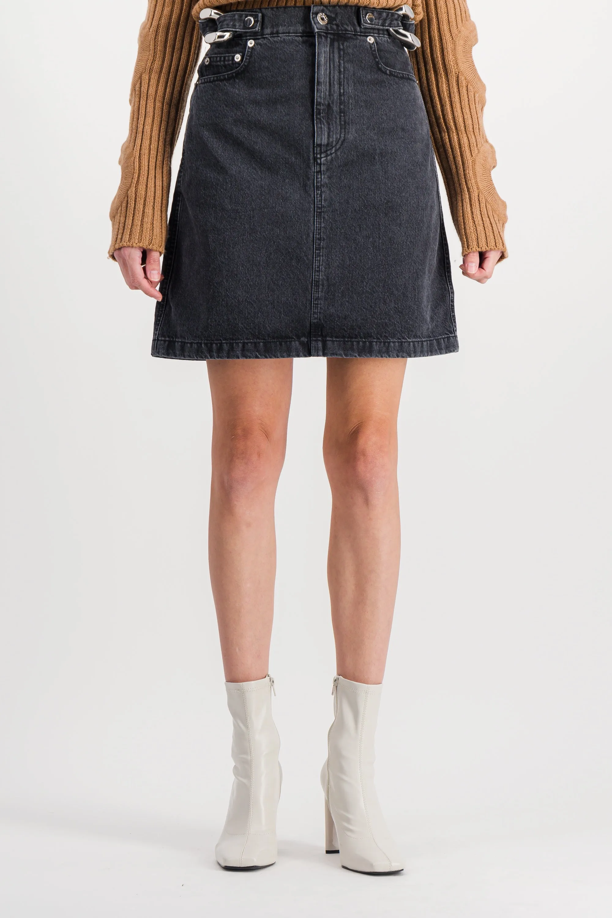 Chain link denim mini skirt