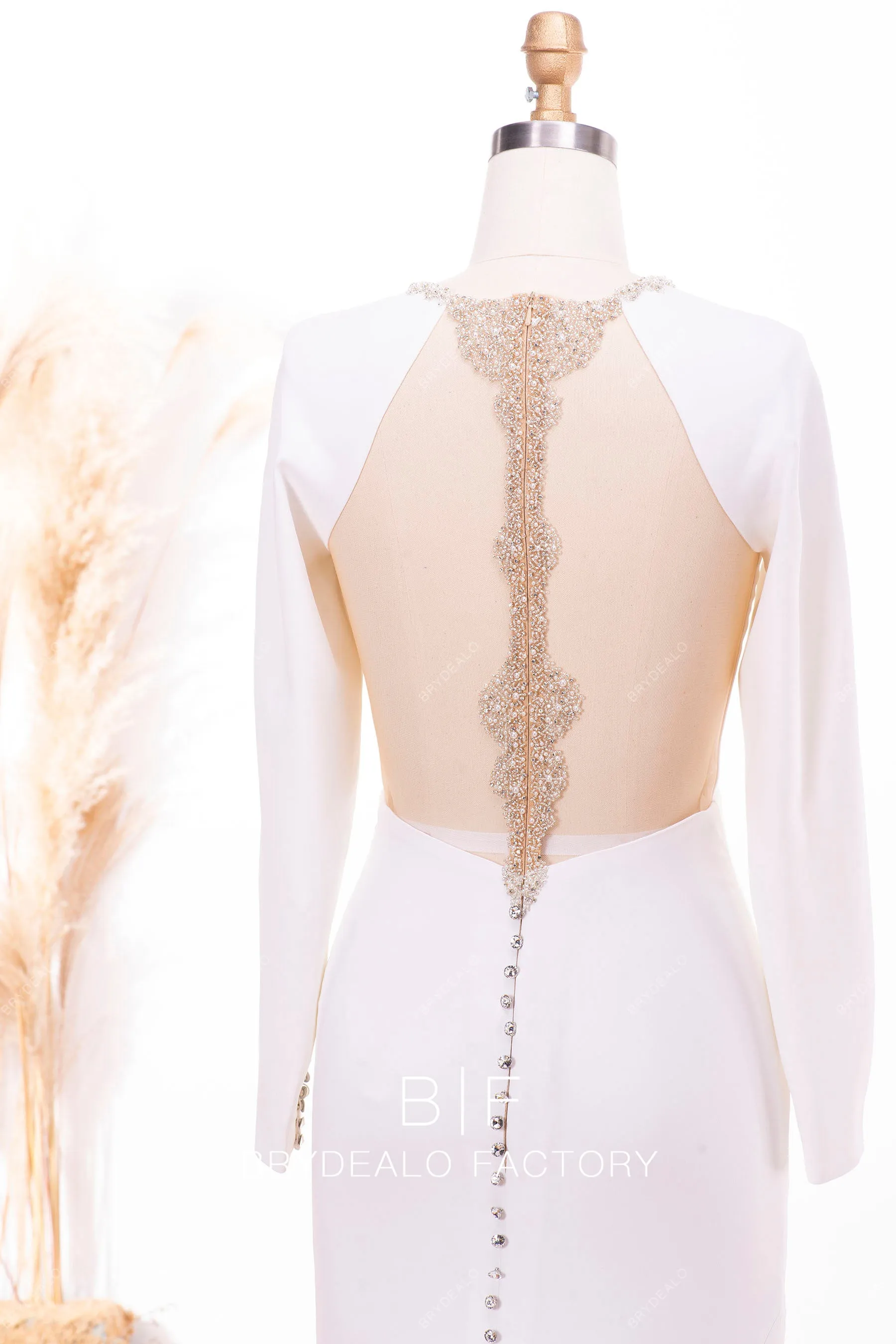 Crystals Crepe Long Sleeve Mermaid Bridal Dress
