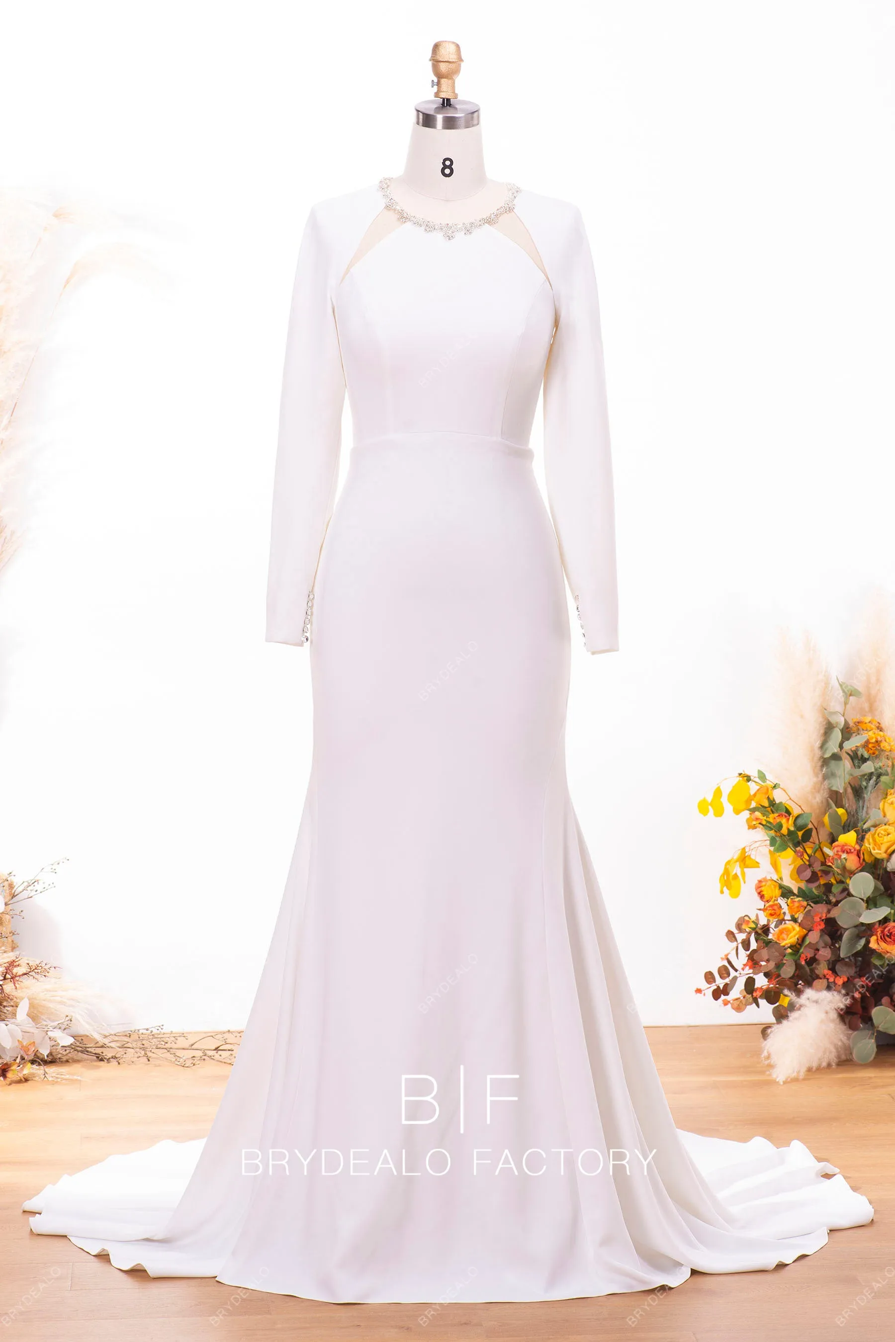 Crystals Crepe Long Sleeve Mermaid Bridal Dress