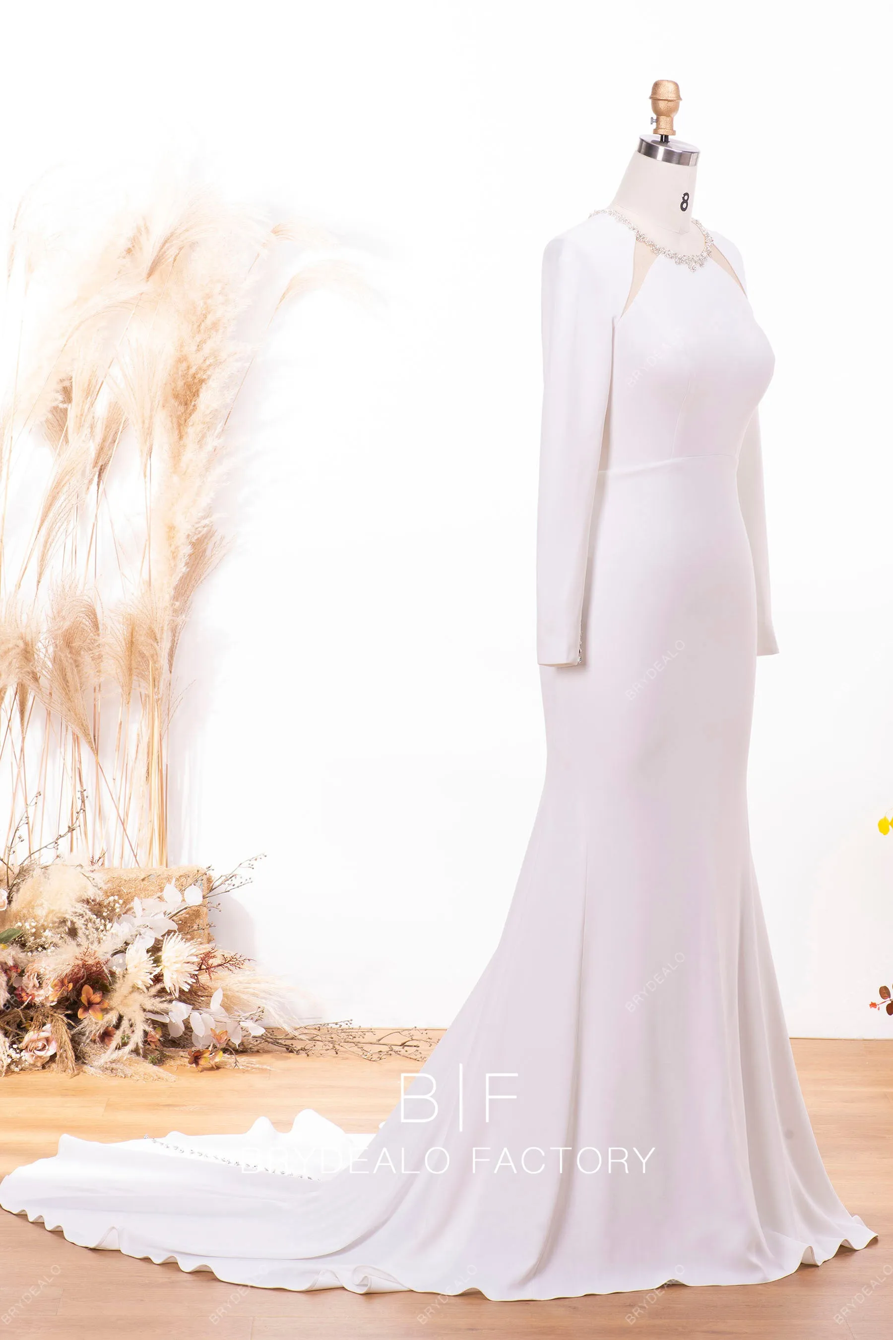 Crystals Crepe Long Sleeve Mermaid Bridal Dress