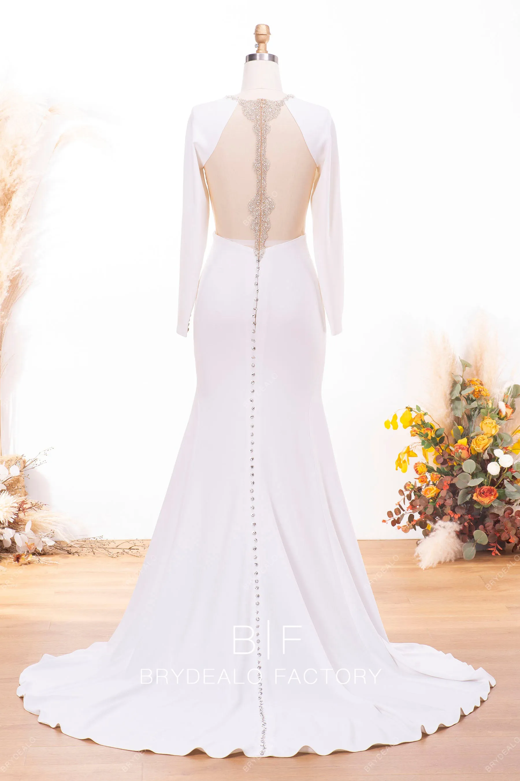 Crystals Crepe Long Sleeve Mermaid Bridal Dress