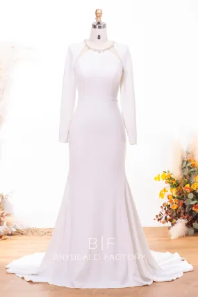 Crystals Crepe Long Sleeve Mermaid Bridal Dress