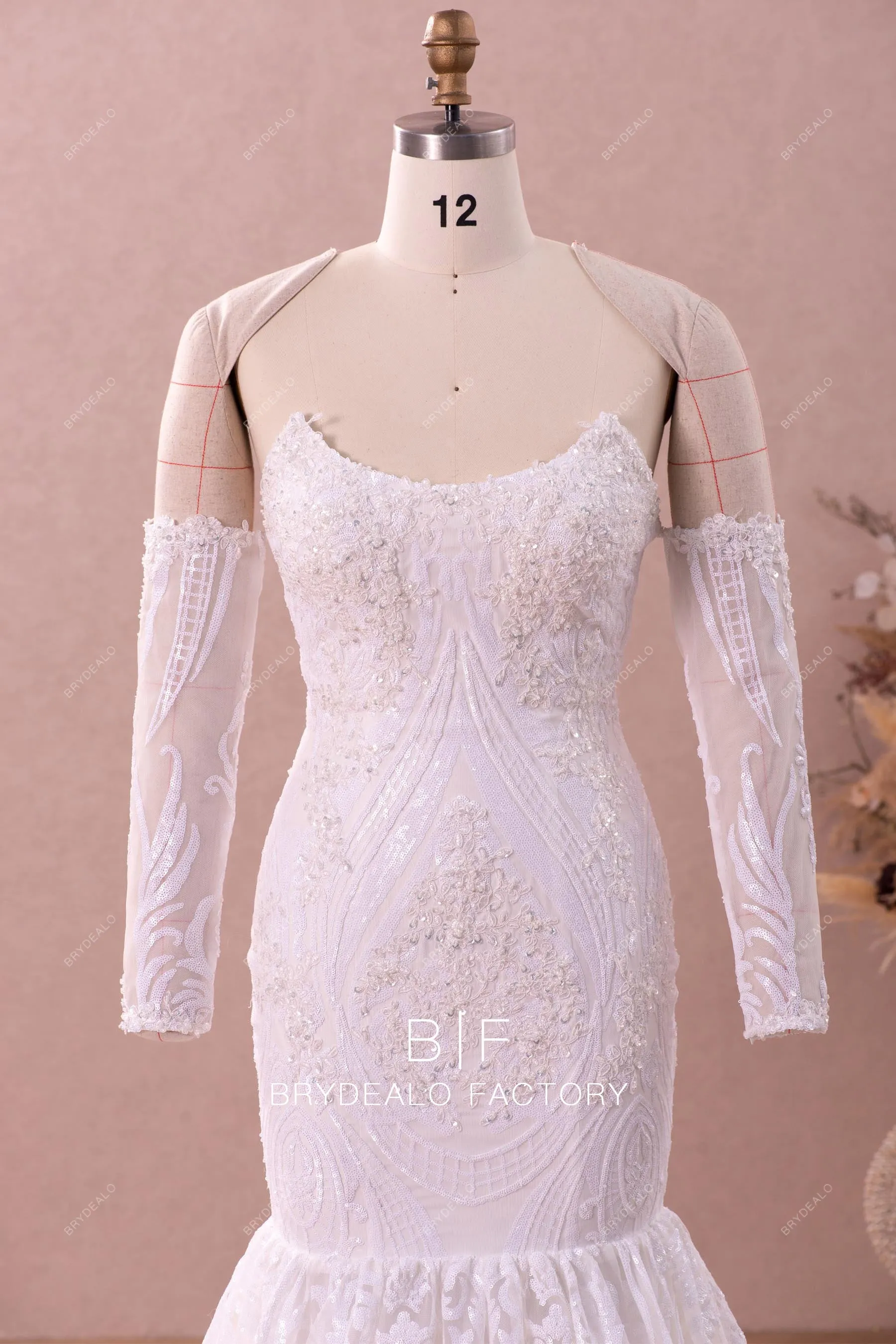 Detachable Off Shoulder Sleeved Sequin Feather Wedding Dress