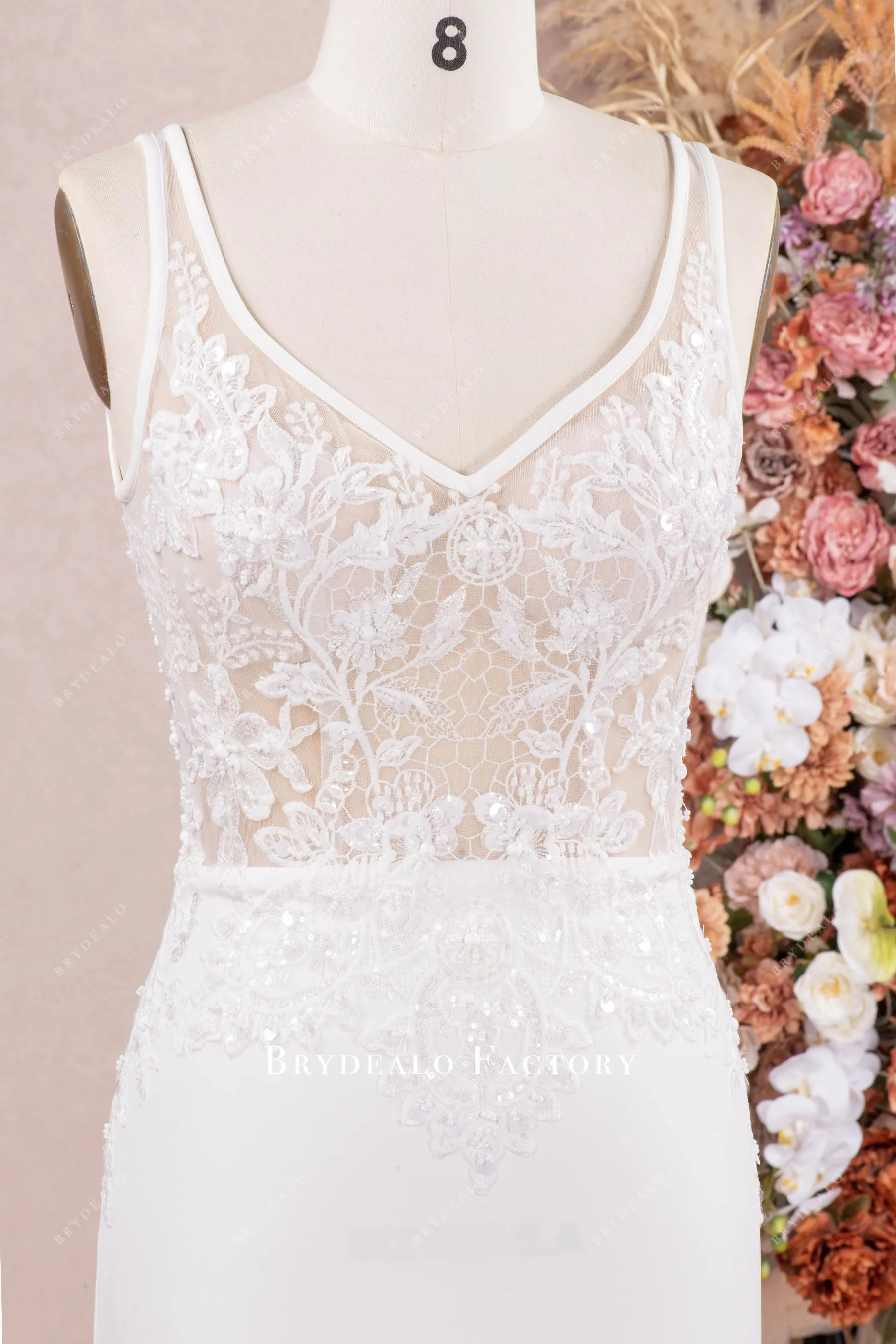 Elegant Beaded Lace Crepe Godet Mermaid Wedding Dress
