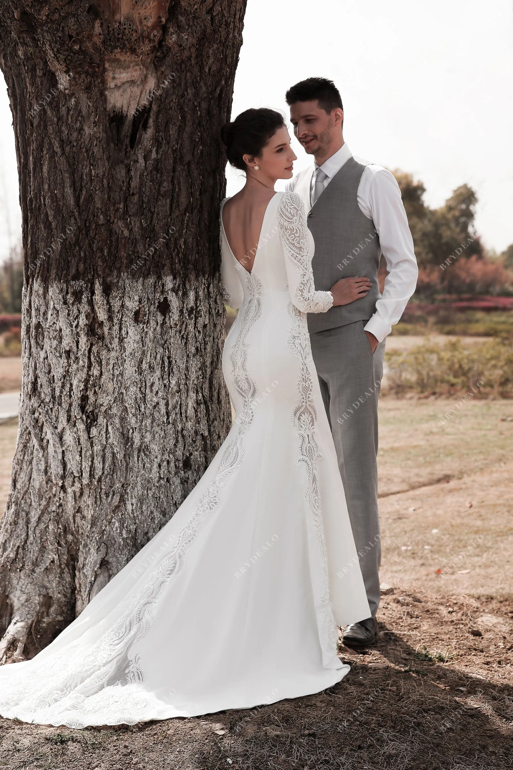 Elegant Crepe Lace Sleeved Mermaid Bridal Gown