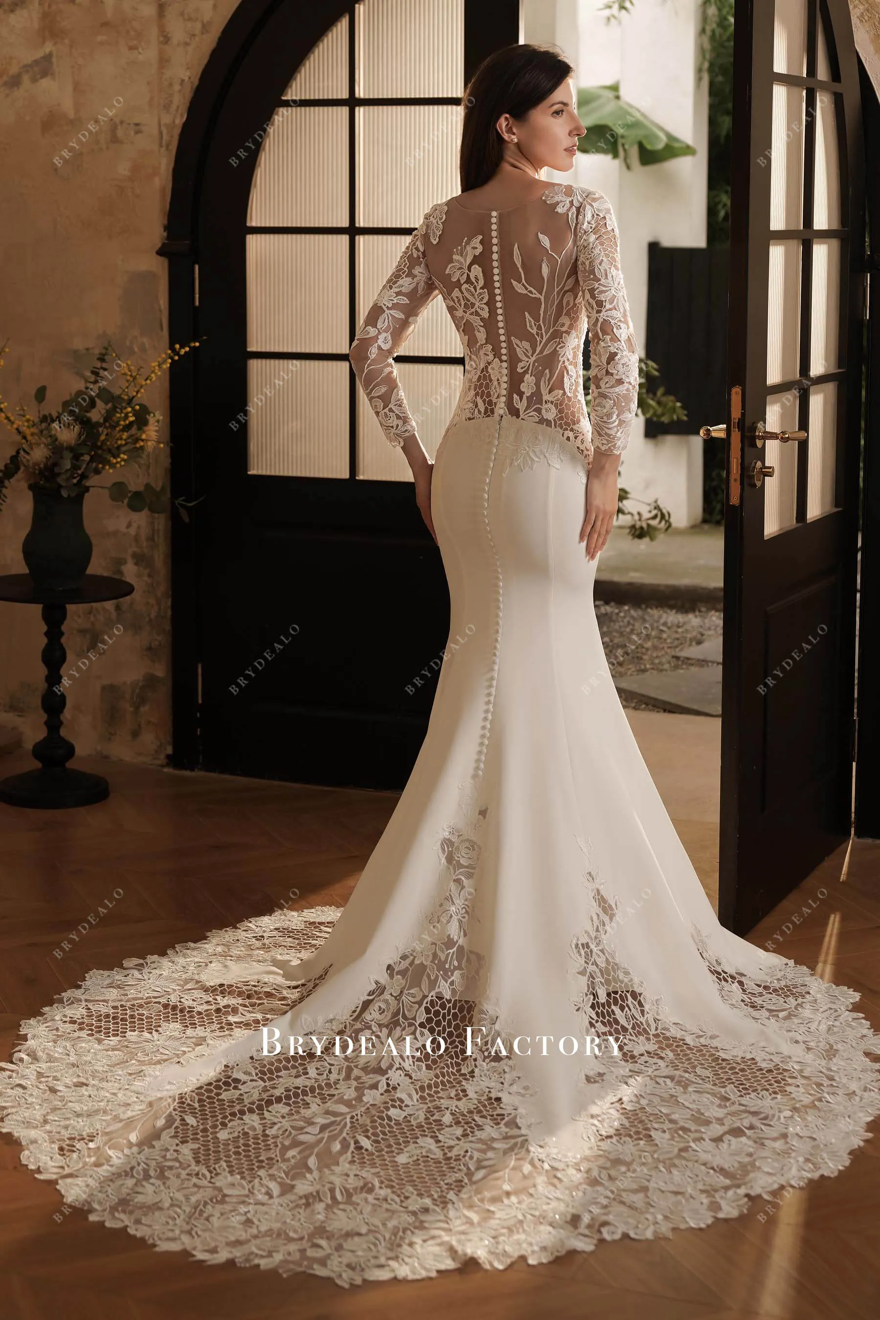 Elegant Long Cutout Lace Train Crepe Mermaid Wedding Dress