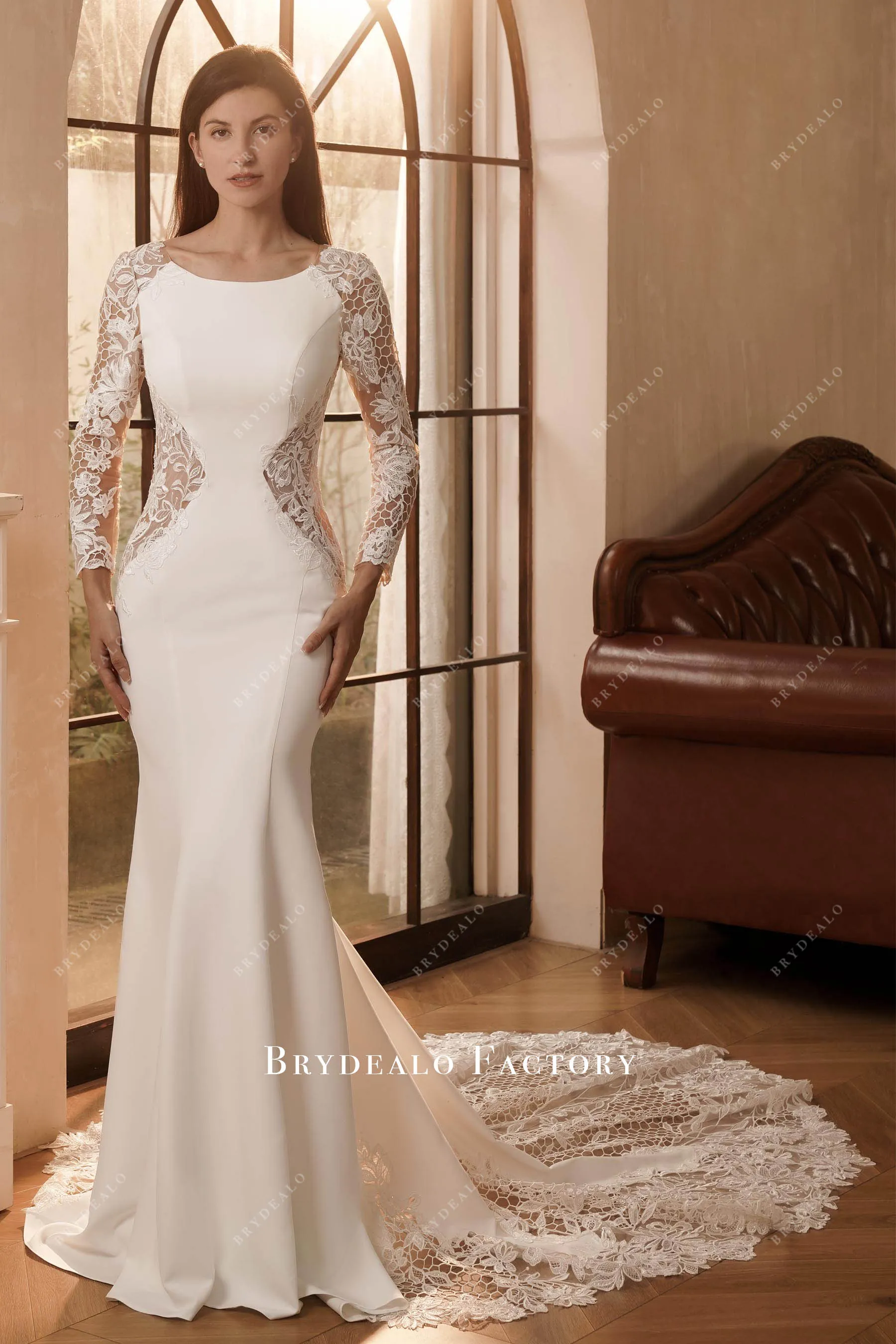 Elegant Long Cutout Lace Train Crepe Mermaid Wedding Dress