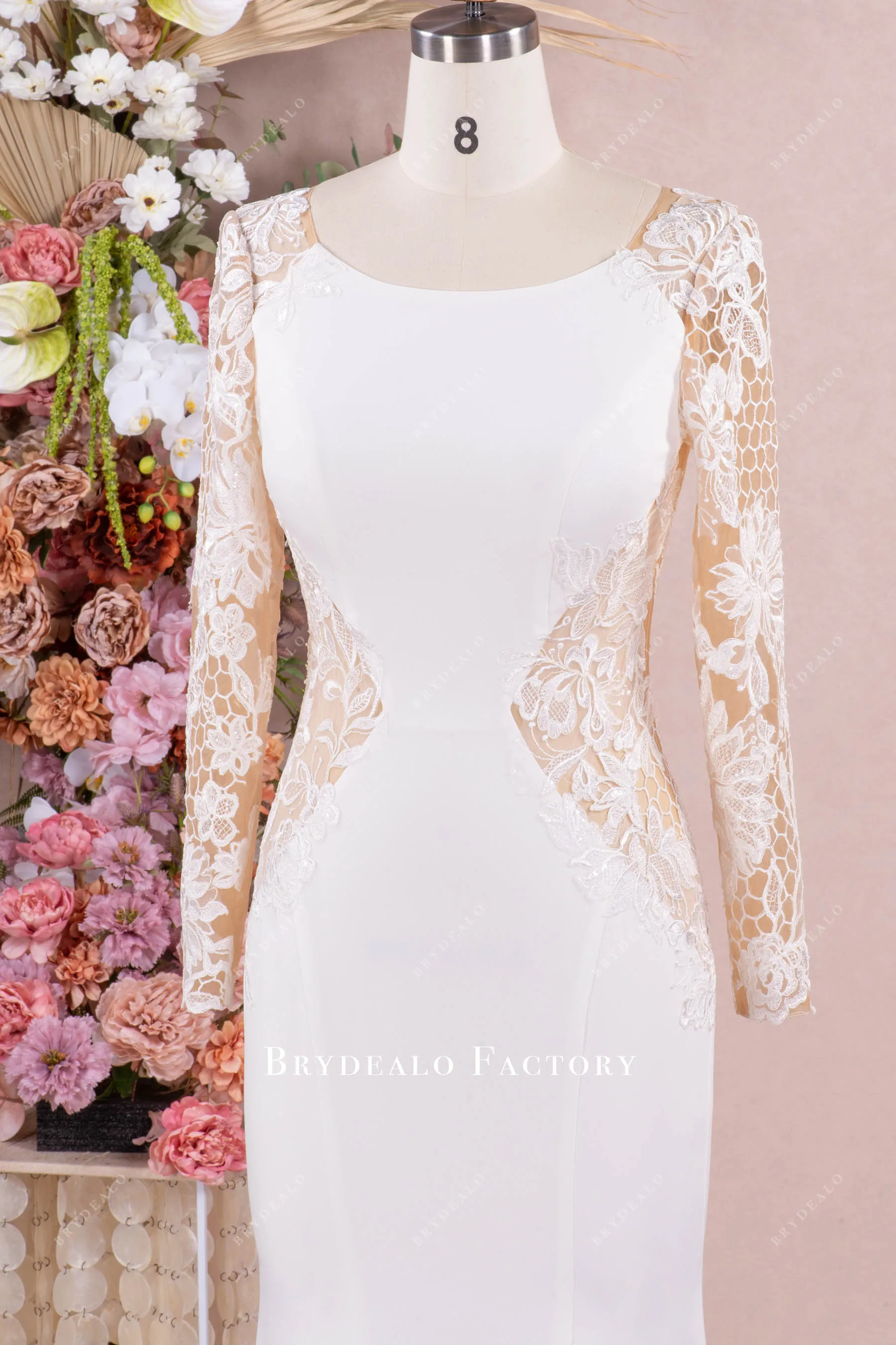 Elegant Long Cutout Lace Train Crepe Mermaid Wedding Dress