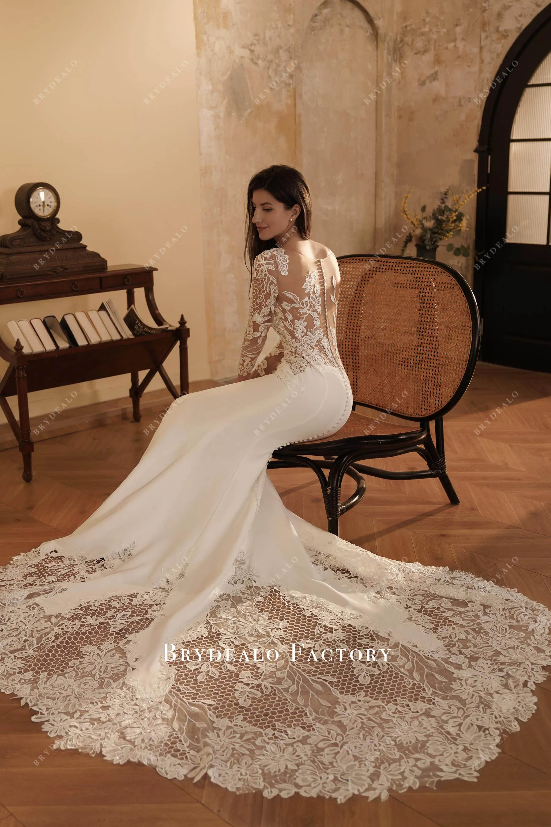 Elegant Long Cutout Lace Train Crepe Mermaid Wedding Dress