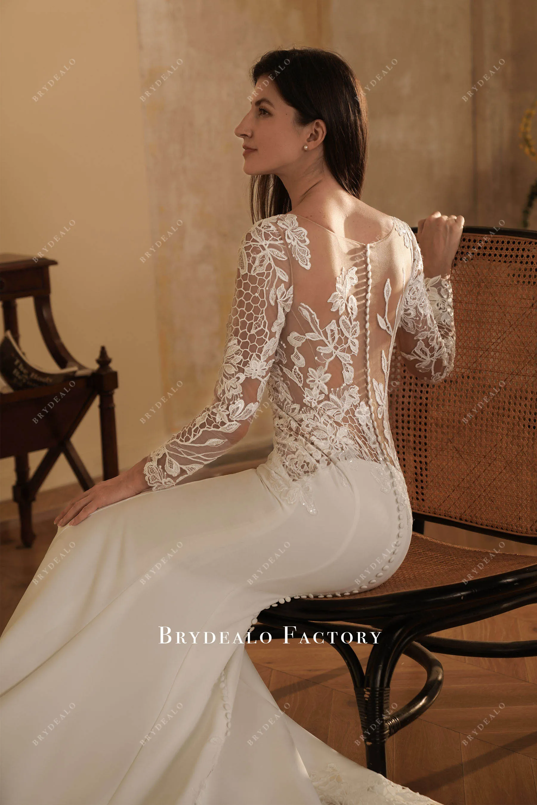Elegant Long Cutout Lace Train Crepe Mermaid Wedding Dress