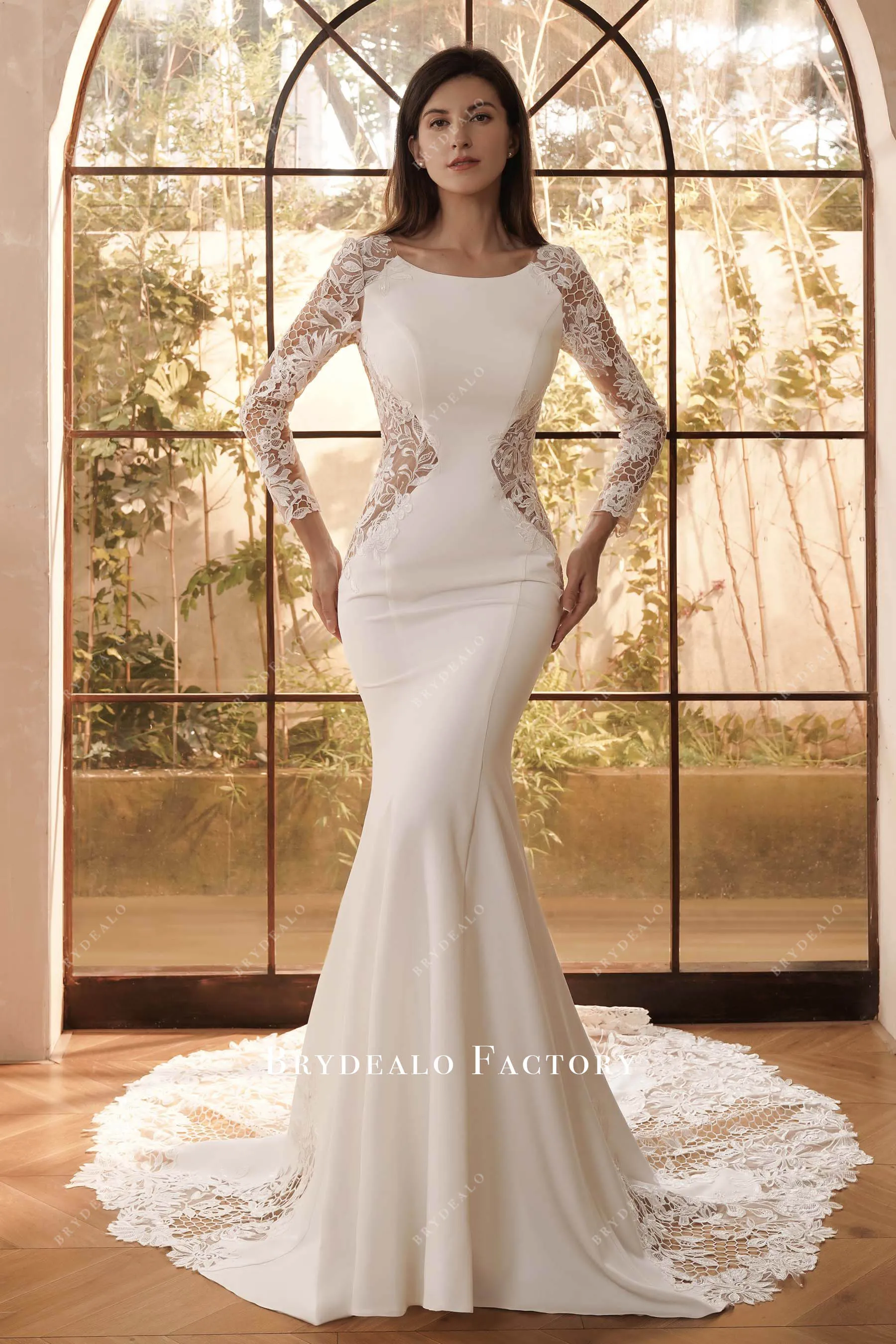 Elegant Long Cutout Lace Train Crepe Mermaid Wedding Dress