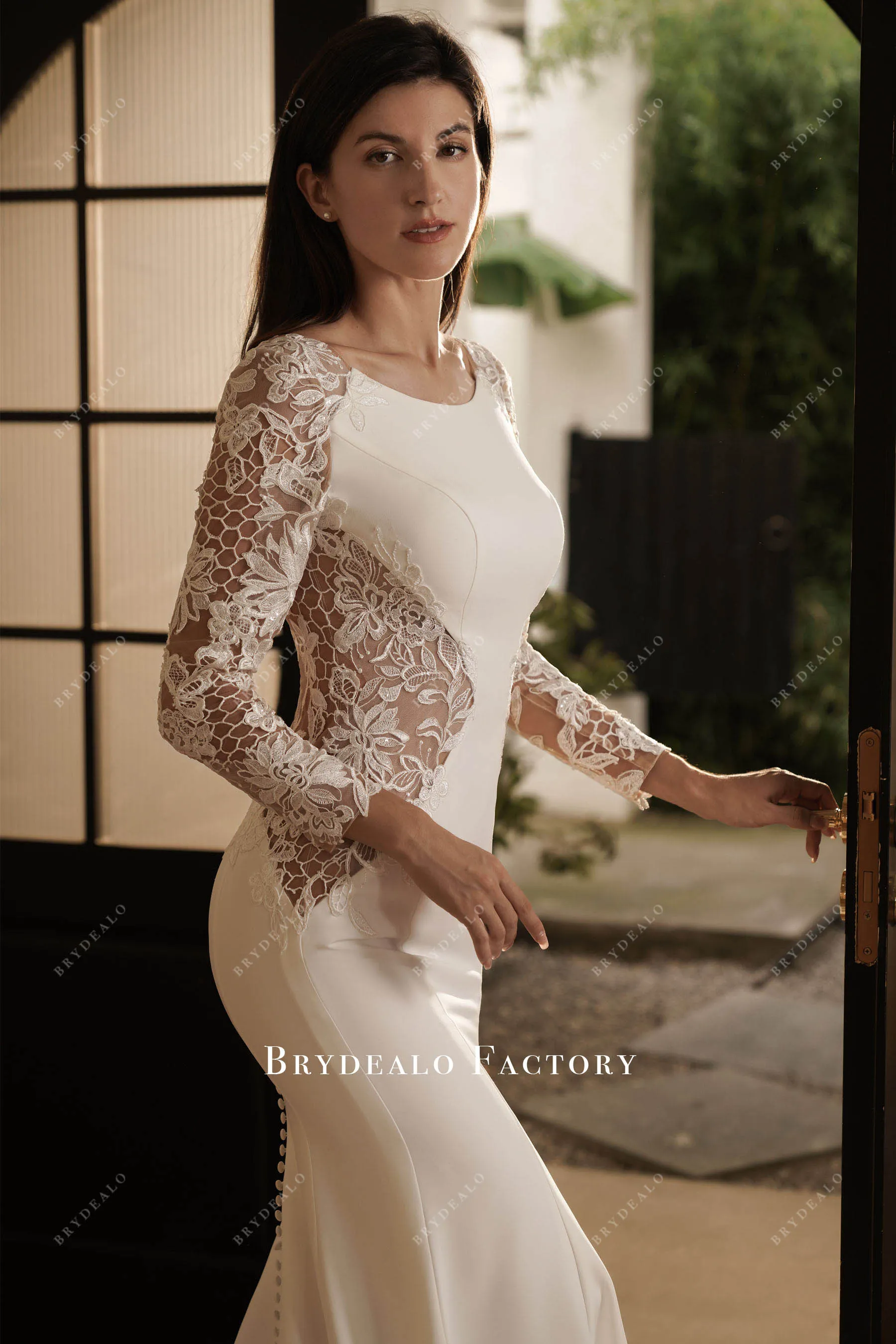 Elegant Long Cutout Lace Train Crepe Mermaid Wedding Dress