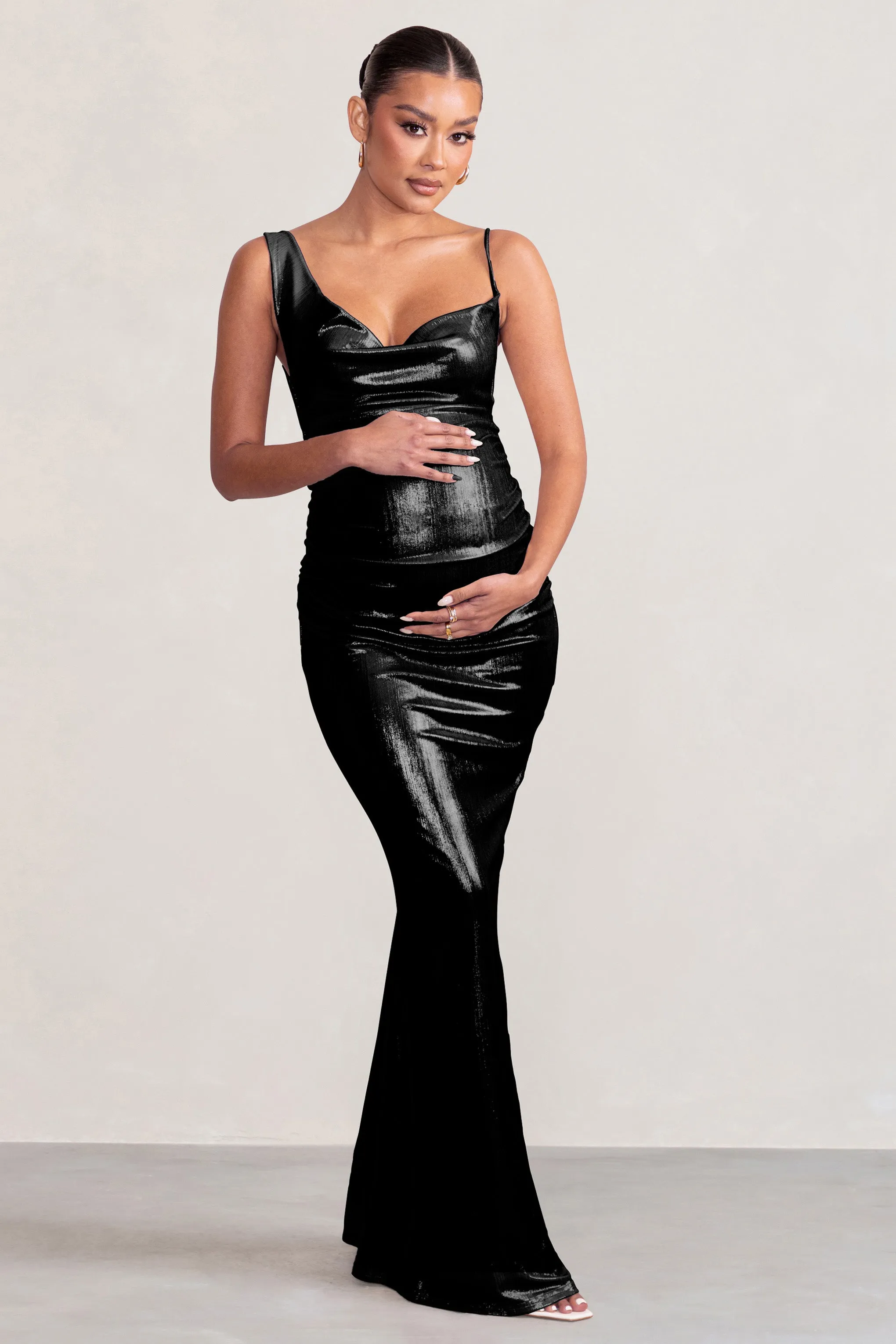 Sure! Heres an optimized product title with descriptive modifiers: Elegant Galaxy Shimmer Black Cowl Neck Maxi Maternity Dress