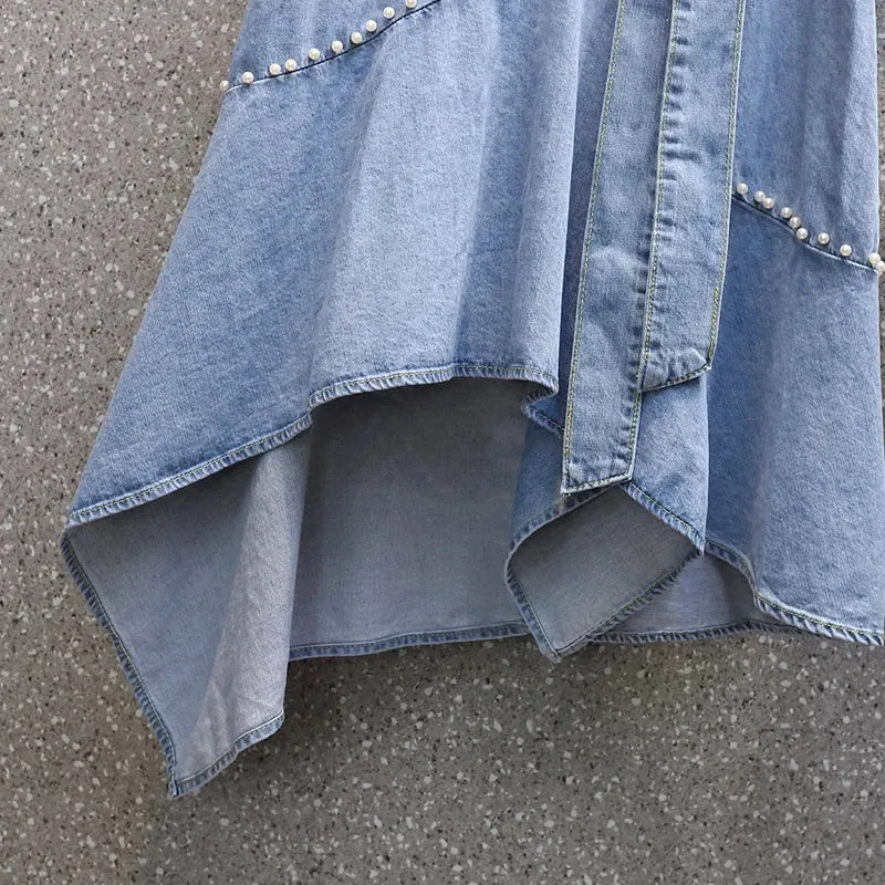 LVSANW EHQAXIN Women's Casual Denim Skirt 2024 Summer New Simple Irregular Lace-Up Beaded Loose Denim Skirt Ladies Fashion Youth L-4XL