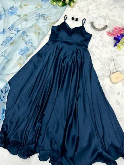 Peacock Blue Satin Silk Anarkali Suit With Organza Dupatta